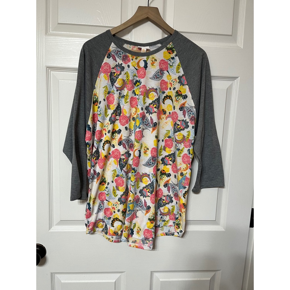 LuLaRoe Baseball Tee 3XL White‎ Gray Paisley Floral Moon Cartoon Print Raglan